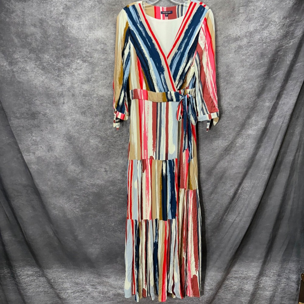 Skies Are Blue Multicolor Brushstroke Stripe Wrap Maxi Dress Size M Tiered